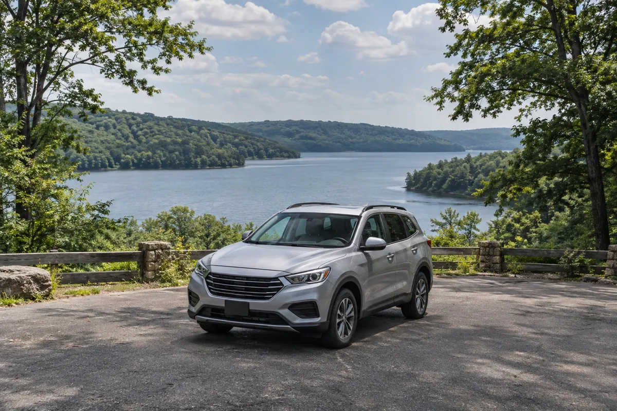 AI-generated scene: a silver family SUV beside a peaceful lake and green woodland.